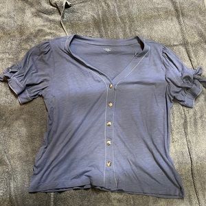 Greyish purple button up with ties on the sleeve